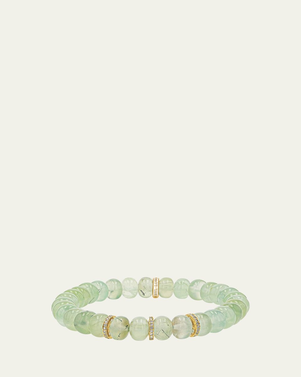 14K Yellow Gold Prehnite 8mm Bead Bracelet with 3 Diamond Rondelles